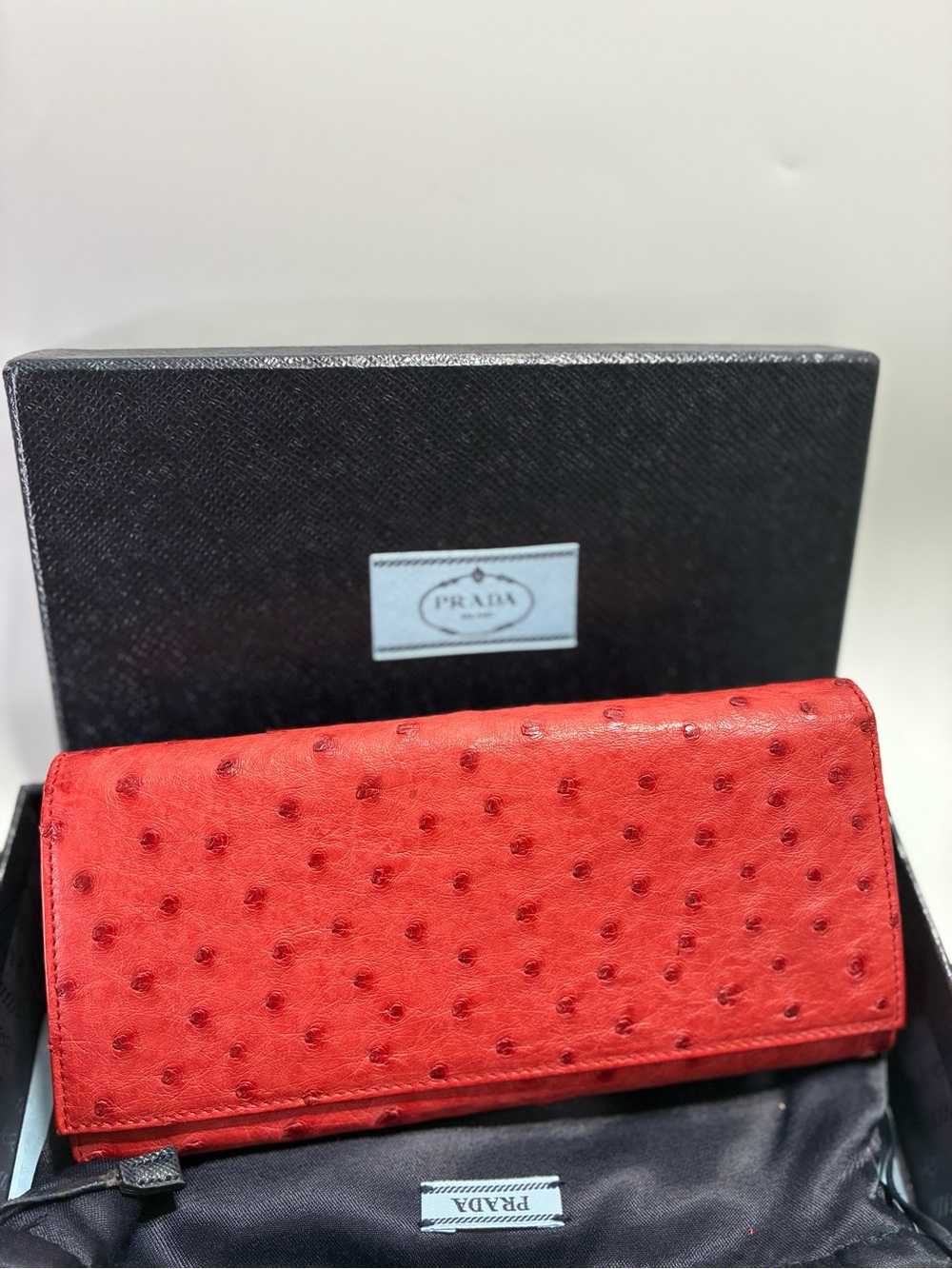 Prada Red Ostrich-Texture Continental Wallet